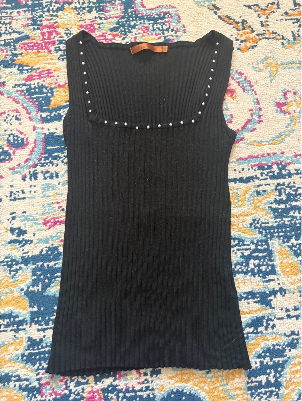 Vintage Bebe Ribbed Knit Tank Top Square Neck Pearl Beaded Trim Black Small